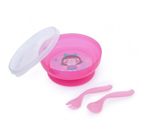 Тарілка на присосці Canpol Babies з кришкою, ложкою і виделкою, 350 мл, рожева