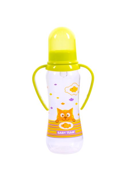 Пляшечка для годування з силіконовою соскою та ручками Baby Team "Котики", 250 мл (зелена)