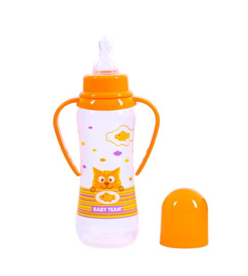 Пляшечка для годування з силіконовою соскою та ручками Baby Team "Котики", 250 мл (помаранчева)