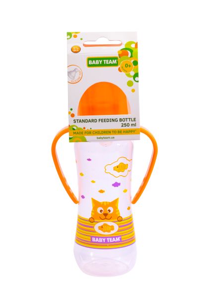 Пляшечка для годування з силіконовою соскою та ручками Baby Team "Котики", 250 мл (помаранчева)
